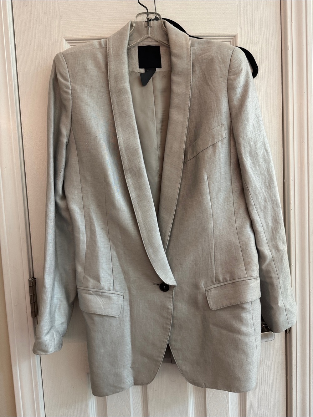 SMYTHE Long Shawl Blazer Metallic Linen Blend Silver Single Button Size 6